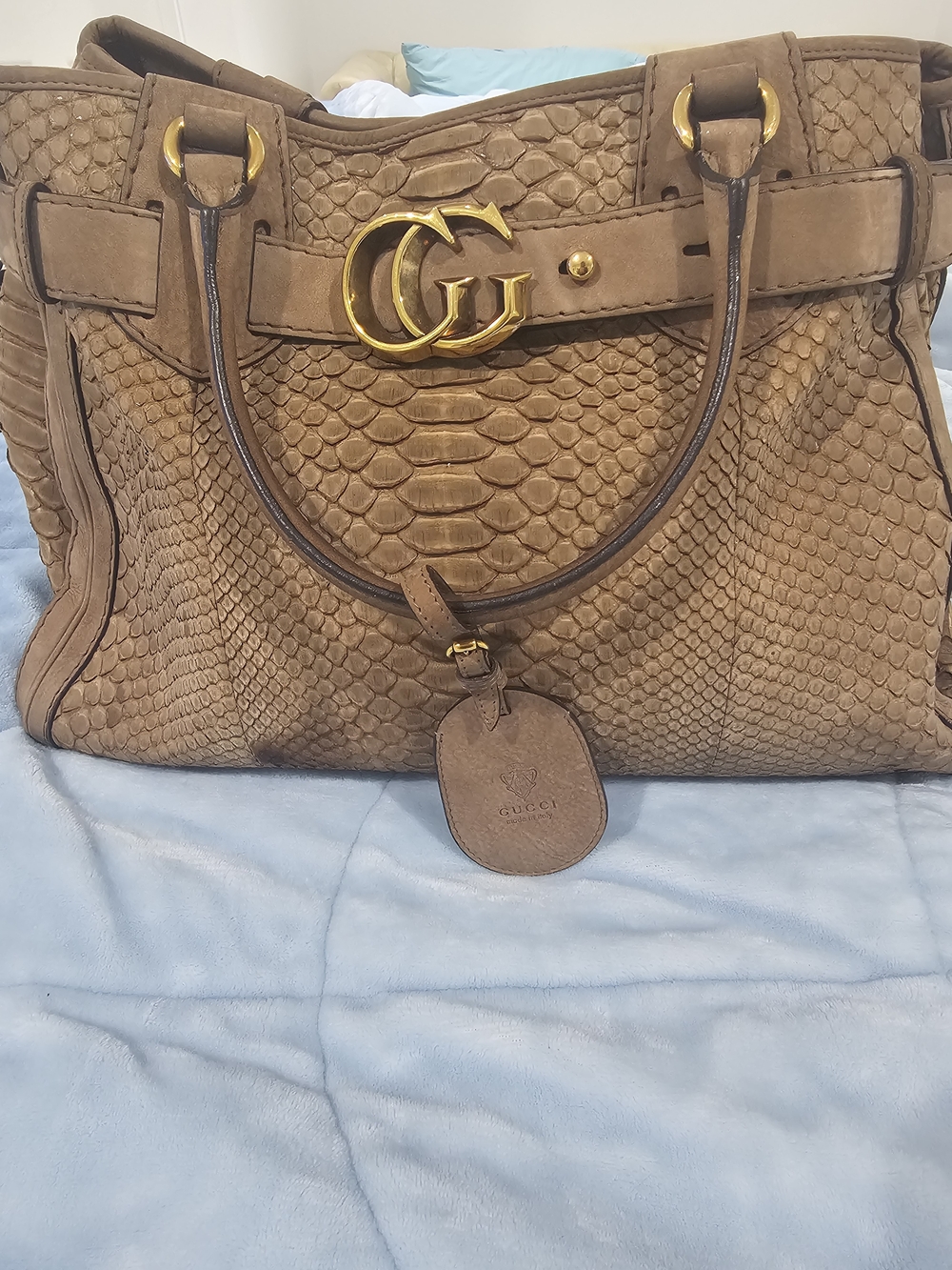 Gucci Brown Python-Texture Leather Satchel with Gold GG Hardware